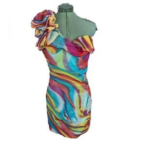 JOVANI women's one Shoulder‎ High Low watercolor Print Evening Dress Y2K 🌈